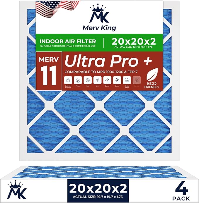 MervKing 20x20x2 Air Filter Actual Size: 19.7" x 19.7" x 1.75" MERV 11 MPR 1000-1200 | MADE IN USA | 4-Pack | Pleated HVAC AC Furnace Replacement