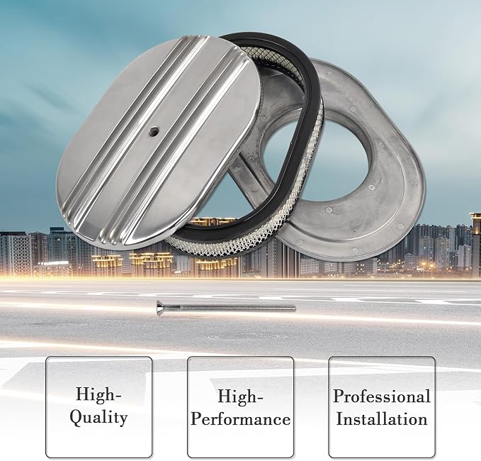 12" Air Cleaner Kit Polished Aluminum Oval Half Finned Compatible with Classic Chevy Ford SBC 350