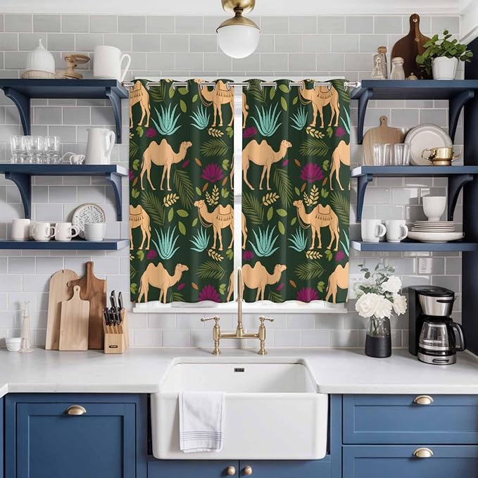 2 Panel Kitchen Cafe Curtains, Retro Desert Camel Sunlight Filtering Nature Air Through, Window Decor Tier Curtains for Living Room 80W x 63L inch Tropical Animal Aloe Vera Leaves Dark Green