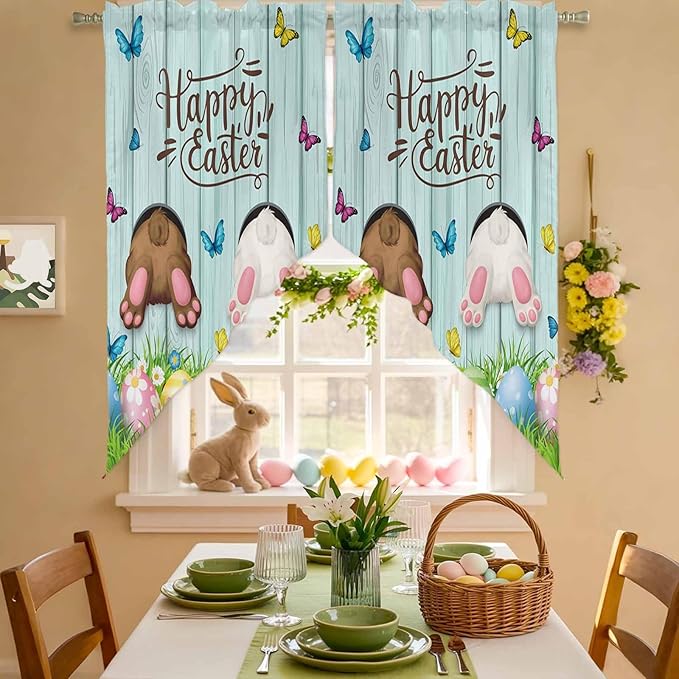 Swag Curtain Valances for Kitchen Windows,Happy Easter Bunny Butt Egg Floral Short Rod Pocket Window Valance,Spring Plant on Aqua Wood Swag Topper for Bedroom Living Room,2 Panels 36x45in