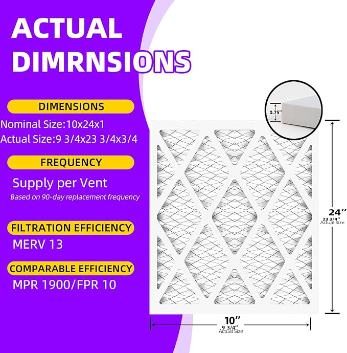 10x24x1 MERV 13 (6-Pack) Pleated Air Filter (Actual Size: 9.5"x23.5"x0.75") MPR 1900 & FPR 10, Furnace Air Filters