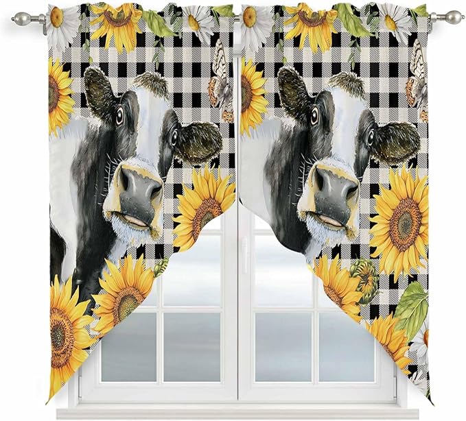 Retro Sunflowers Swag Valances for Windows, Farmhouse Floral Cow Butterfly Black Plaid Rod Pocket Kitchen Curtains Valance, Kitchen Window Curtains Swag for Cafe Living Room, 2 Panels, 36x45 inch