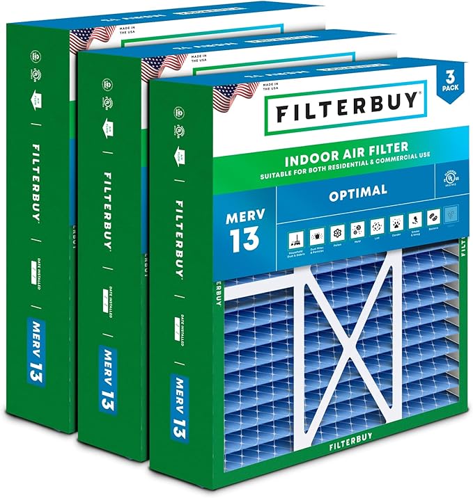 Filterbuy 20x22x5 Air Filter MERV 13 Optimal Smoke & Allergy Defense (3-Pack), Pleated HVAC AC Furnace Filters for Amana, Goodman, Nordyne, and Five Seasons (Actual Size: 19.50 x 21.94 x 5.25)