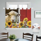 Sheep Flowers Kitchen Curtains 45 Inch Length, Short Cafe Window Curtains Tab Top, Country Red Barn Botanical Sunflowers Light Filtering Window Treatments Tier Drapes 27.5"x45" 2 Panel