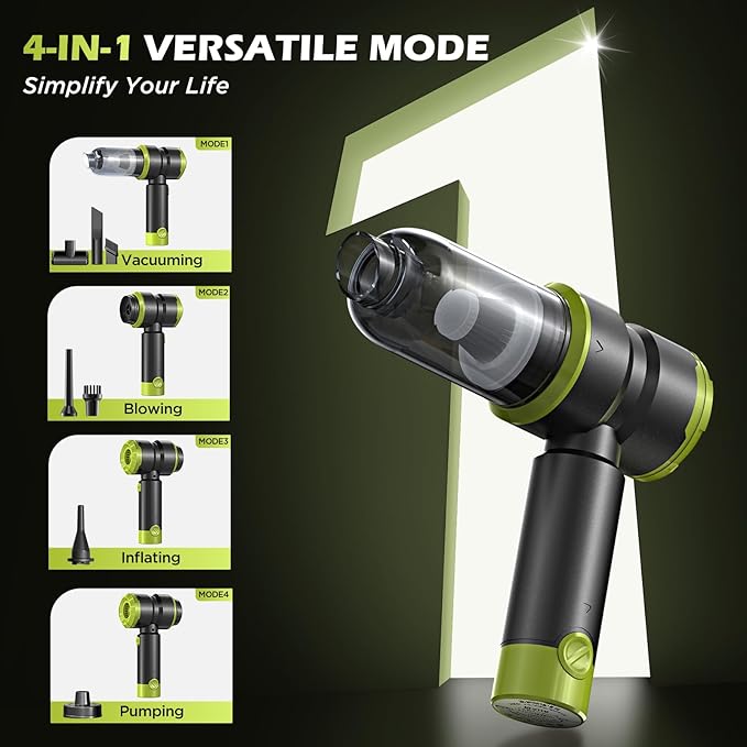 Handheld Car Vacuum with 15000PA Power, 4 in 1 Powerful Cordless Vacuum Cleaner & Air Duster with 2000mAh Battery, Rechargeable Portable Mini Hand Held Vacuum for Car,Home,Office,Pet Hair（Green）
