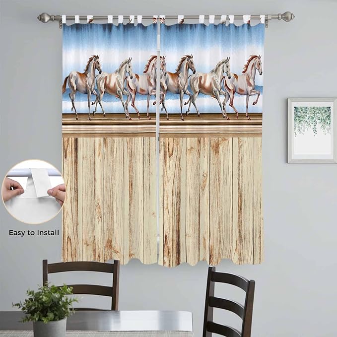Western Horse Living Room Curtains 84 Inch Length, Window Curtains Tab Top, Farmhouse Wooden Grain Vintage Cowboy Barn Door Light Filtering Window Treatments Drapes 52"x84" 2 Panel