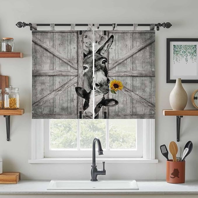 Funny Farm Animals Kitchen Curtains 45 Inch Length, Short Cafe Window Curtains Tab Top, Vintage Barn Grey Sunflowers Light Filtering Window Treatments Tier Drapes 27.5"x45" 2 Panel