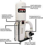JET Vortex Cone Dust Collector, 30-Micron Bag Filter, 2 HP, 230V 1Ph (Model DC-1200VX-BK1)