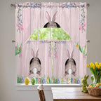 Swag Valance Curtains, Easter Cute Rabbit and Colorful Eggs Rod Pocket Valances Swag Topper for Kitchen Windows, Pink Farm Wooden Barn Light Filtering Short Curtain for Bedroom Bathroom 56x36In