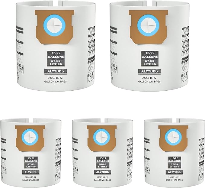 for Shop Vac Bags 15-22 Gallon, Type G 90663 9066300; Type J 90673 9067300 and VF2008 High-Efficiency Disposable Dust Collection Vacuum Filter Bags 5 Pack