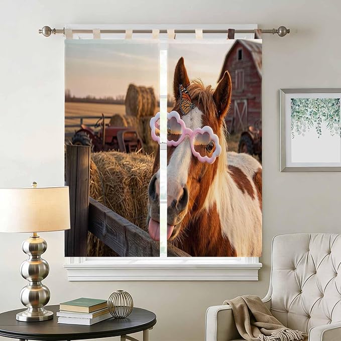 Farm Horses Bathroom Curtains 63 Inch Length, Window Curtains Tab Top, Farmhouse Barn Funny Animals Butterfly Light Filtering Window Treatments Drapes 52"x63" 2 Panel