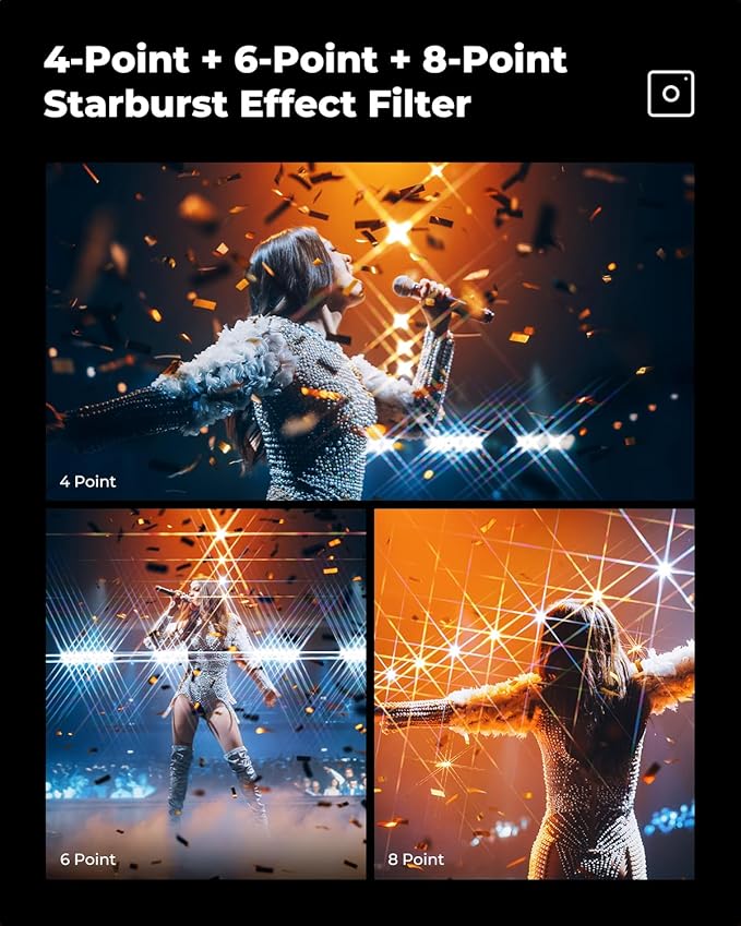 K&F CONCEPT 58mm Star Filters Kit (3pcs) 4 Points 6 Points 8 Points Cross Screen Starburst Filters Set -18 Layer Coating Ultra Slim Optical Glass Camera Lens Filter with 3 Cleaning Cloth