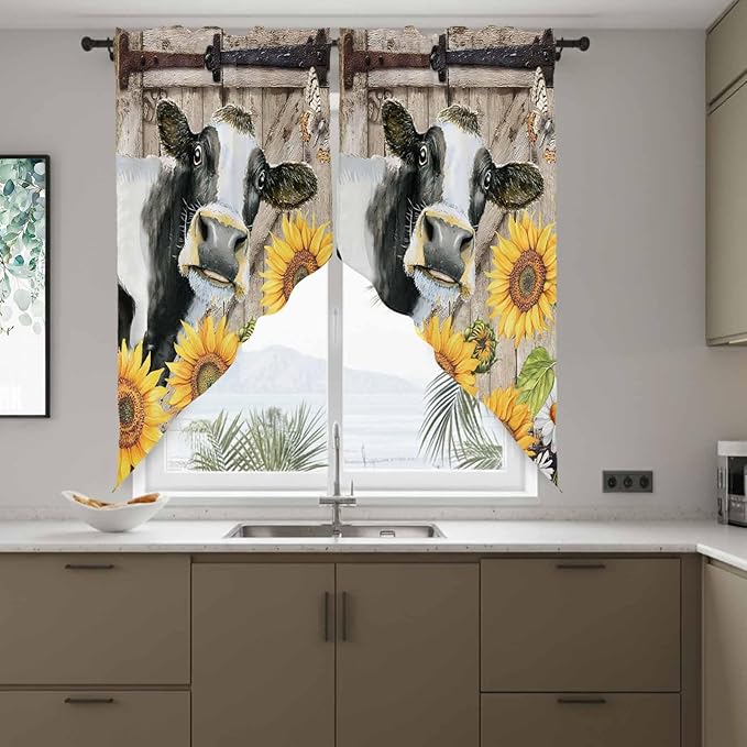 Retro Farmhouse Flower Swag Valances for Windows, Yellow Sunflowers Cow Barn Doors Brown Rod Pocket Kitchen Curtains Valance, Kitchen Window Curtains Swag for Cafe Living Room, 2 Panels, 36x45 inch