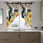 Retro Farmhouse Flower Swag Valances for Windows, Yellow Sunflowers Cow Barn Doors Brown Rod Pocket Kitchen Curtains Valance, Kitchen Window Curtains Swag for Cafe Living Room, 2 Panels, 36x45 inch