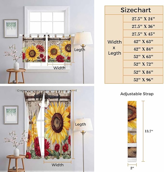 Sunflowers Kitchen Curtains 24 Inch Length, Small Window Curtains Tab Top, Retro Flower Barn Doors Butterfly Farmhouse Brown Light Filtering Short Window Treatments Tier Drapes 27.5"x24" 2 Panel