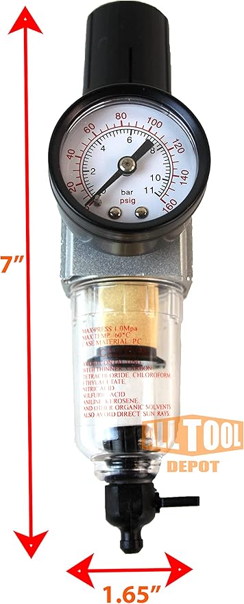 1/4" NPT Mini Compressed Air In Line Filter Regulator Combo Piggyback, Poly Bowl And Metal Body, 5 Micron Element, Adjustable From 7 to 140 PSI (MANUAL DRAIN)