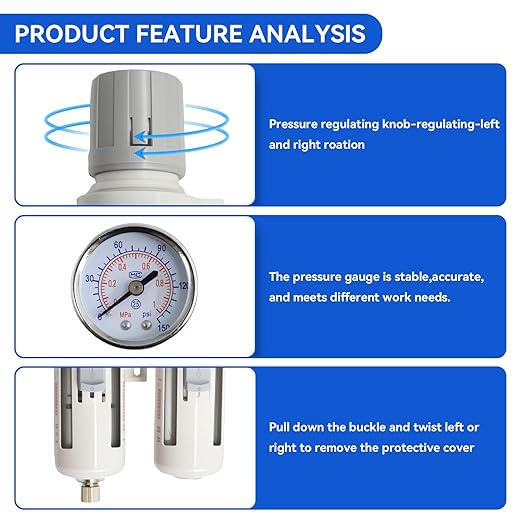 3/8"-Air-Dryer-for-Compressor, Air-Compressed-Filter-Regulator Lubricator Combo Water-Oil Trap Separator, NPT Semi-Auto Drain 0-150PSI