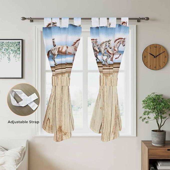 Western Horse Bedroom Curtains 72 Inch Length, Window Curtains Tab Top, Farmhouse Wooden Grain Vintage Cowboy Barn Door Light Filtering Window Treatments Drapes 52"x72" 2 Panel
