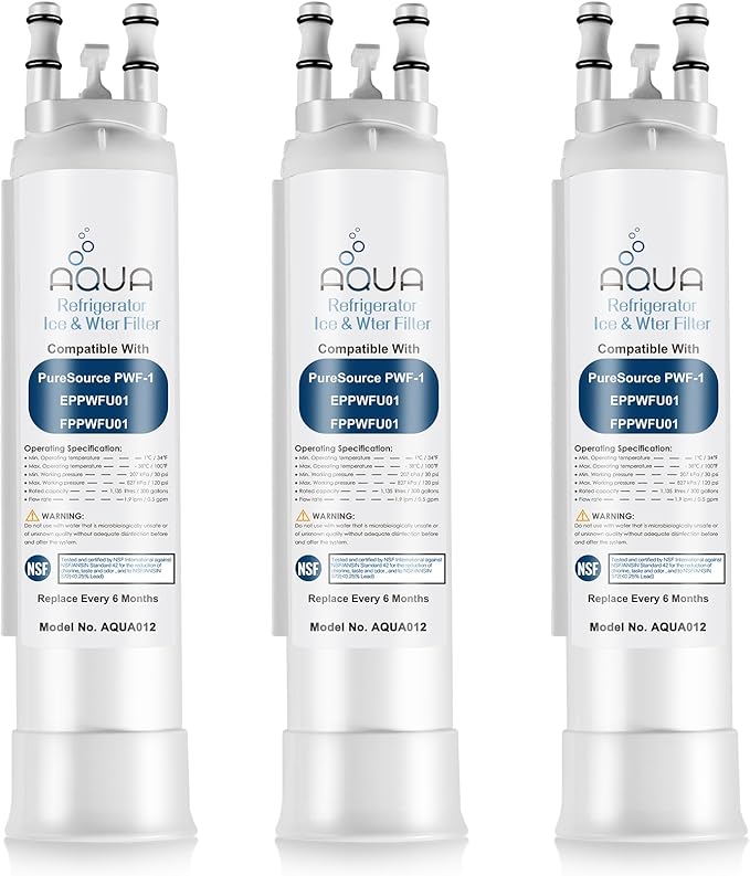AQUA012 FPPWFU01 Water Filter Replacement Compatible with EPPWF01 PureAdvantage PWF-1 FPPWFU01 PurePour PWF-1Refrigerator Water Filter(3 Packs)