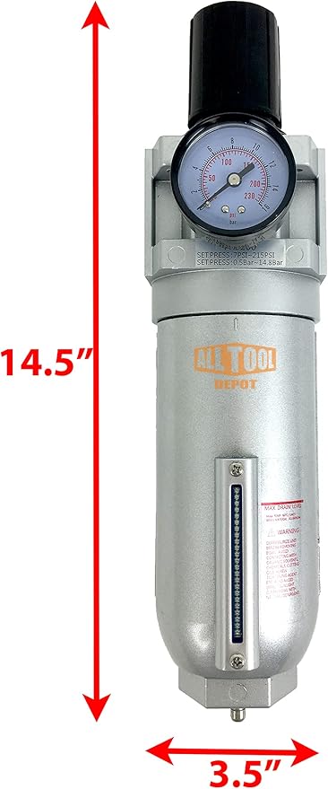 1" NPT SUPER DUTY Compressed Air In Line Filter Regulator Combo Piggyback, Metal Bowl, 5 Micron Element, Adjustable From 7 to 215 PSI (MANUAL DRAIN)