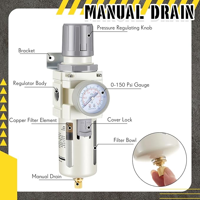 Tuanse Manual Drain 1/2" NPT Compressed Air Filter Regulator, Piggyback Combo, 5µm Brass Element, Poly Bowl, Metal Bracket & Fittings, 0-150 Psi Gauge, for Industrial & Spray Painting