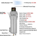 127 CFM Compressed Air Oil-Water Separator Precision Filter,1μm,Oil Content 1ppm, With Auto Drain, Pressure Gauge,Recommended for use with M30AC230,M30AC460,Model CAF301