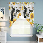 Retro Farmhouse Floral Swag Valances for Windows, Yellow Sunflowers Cows Butterfly Wood Rod Pocket Kitchen Curtains Valance, Small Window Curtains Swag for Cafe Living Room, 2 Panels, 36x36 inch