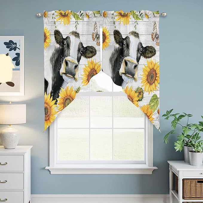 Retro Farmhouse Floral Swag Valances for Windows, Yellow Sunflowers Cows Butterfly Wood Rod Pocket Kitchen Curtains Valance, Kitchen Window Curtains Swag for Cafe Living Room, 2 Panels, 36x63 inch