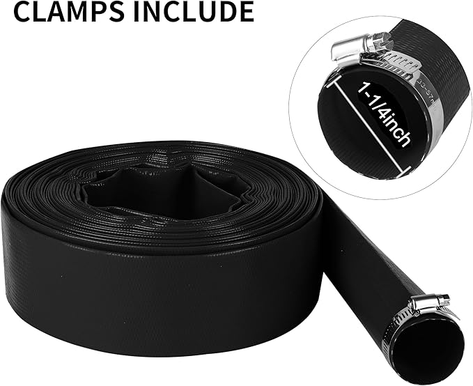 1-1/4" x 100 FT Pool Backwash Hose, Black Heavy Duty Reinforced PVC Lay Flat Water Discharge Hose