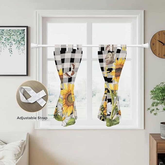 Sunflowers Kitchen Curtains 45 Inch Length, Short Cafe Window Curtains Tab Top, Yellow Flowers Butterfly Farmhouse Black Plaid Light Filtering Window Treatments Tier Drapes 27.5"x45" 2 Panel