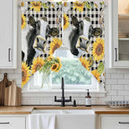 Retro Sunflowers Swag Valances for Windows, Farmhouse Floral Cow Butterfly Black Plaid Rod Pocket Kitchen Curtains Valance, Small Window Curtains Swag for Cafe Living Room, 2 Panels, 36x36 inch