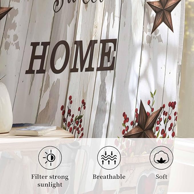 Farmhouse Sheer Curtains 54 Inch Length Retro Country Star Berry Vintage Wood Grain Chiffon Curtain for Bedroom Living Room Light Filtering Window Treatments Voile Curtains Drapes for Kitchen