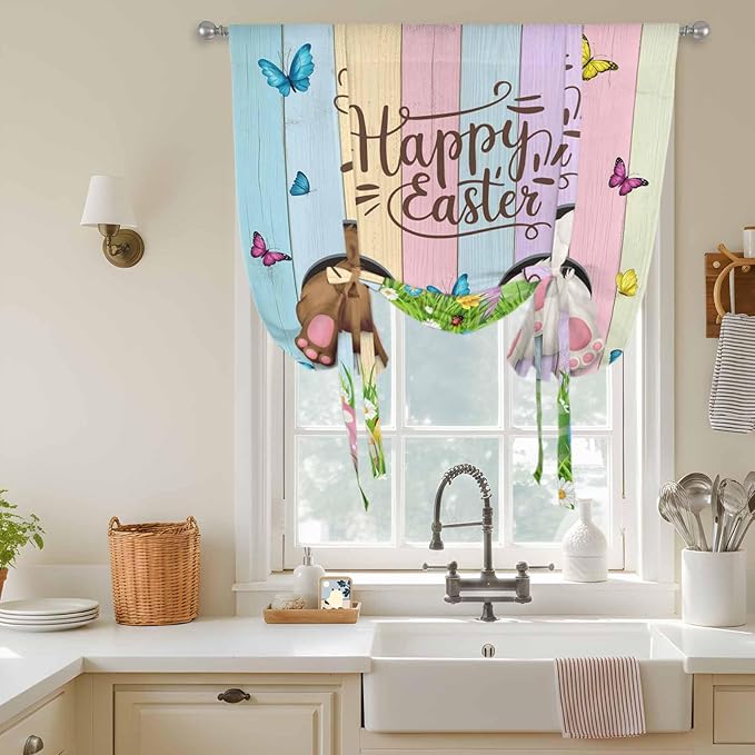 Tie Up Curtains,Happy Easter Rabbit Butt Egg on Daisy Leaf Adjustable Rod Pocket Window Shade Curtain Drape Bufferfly on Wood Barn Tie-Up Valance for Kitchen Bedroom Living Room Windows,42"x63"