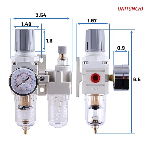 1/4 Inch NPT Compressed Air Filter Regulator Lubricator Combo, Water Oil Trap Separator, Semi-Auto Drain, Air Pressure Regulator AC2010-2, 0-150 PSI Gauge