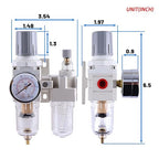 1/4 Inch NPT Compressed Air Filter Regulator Lubricator Combo, Water Oil Trap Separator, Semi-Auto Drain, Air Pressure Regulator AC2010-2, 0-150 PSI Gauge