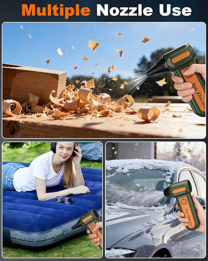 Powerful 2-in-1 Compressed Air Duster & Handheld Car Vacuum Cleaner with LED Light & 4-Gear Adjustable 150KRPM Brushless Motor, Rechargeable Cordless Mini Blowe for Car, Home, PC (2-in-1 Green)