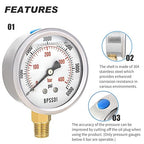 0-6000 Psi Glycerin Liquid Filled Hydraulic High Pressure Gauge, 2.5" Dial Size, 1/4" NPT Lower Mount, 304 Stainless Steel Case, for Water Oil Air Gas Pressure Test