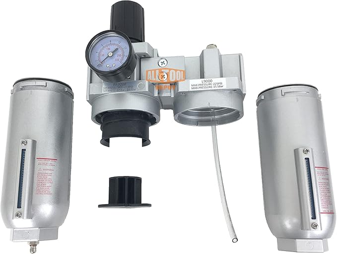 1" NPT SUPER DUTY Compressed Air In Line Filter Regulator Lubricator Oiler Combo Piggyback, Metal Bowl, 5 Micron Element, Adjustable From 7 to 215 PSI (MANUAL DRAIN)