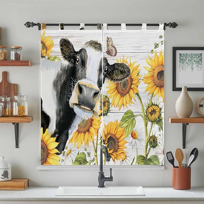 Retro Farmhouse Floral Living Room Curtains 84 Inch Length, Window Curtains Tab Top, Yellow Sunflowers Cows Butterfly Wood Light Filtering Window Treatments Drapes 42"x84" 2 Panel