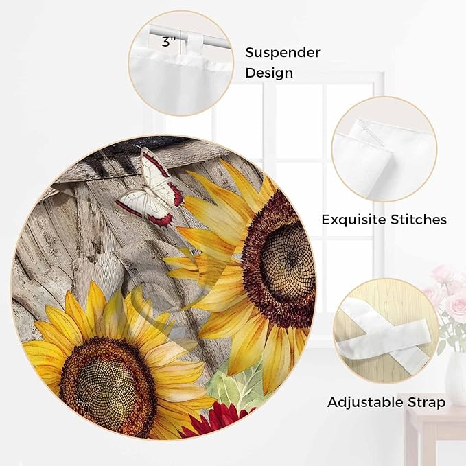 Sunflowers Kitchen Curtains 36 Inch Length, Small Window Curtains Tab Top, Retro Flower Barn Doors Butterfly Farmhouse Brown Light Filtering Short Window Treatments Tier Drapes 27.5"x36" 2 Panel