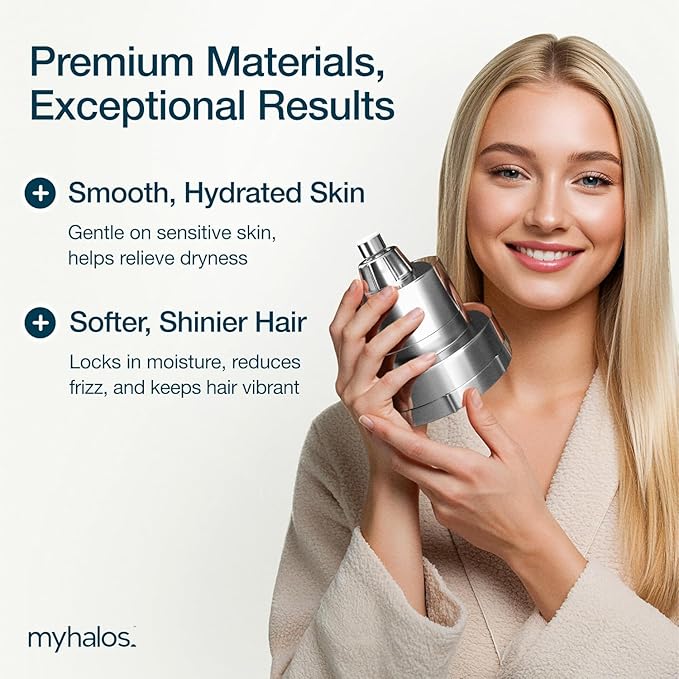 MyHalos® Filtered Shower Head for Hard Water Filter - High Pressure, Removes Chlorine - Shower Head Filter for Hard Water Softener Showerhead, Easy Install, For Hair & Skin, Filtering (Brushed Metal)