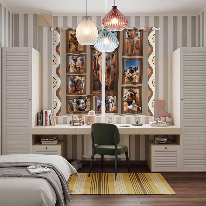 2 Panel Kitchen Cafe Curtains, Desert Camels Sunlight Filtering Nature Air Through, Home Decor Window Covering Tier Curtains for Living Room 80W x 63L inch Western Wildlife Brown Animals Country