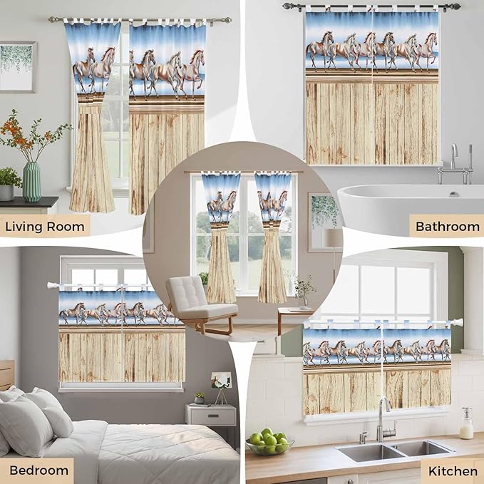 Western Horse Living Room Curtains 84 Inch Length, Window Curtains Tab Top, Farmhouse Wooden Grain Vintage Cowboy Barn Door Light Filtering Window Treatments Drapes 52"x84" 2 Panel