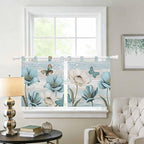 Spring Floral Kitchen Curtains 36 Inch Length, Small Window Curtains Tab Top, Vintage Tulips Flower Butterfly Retro Wood Blue Light Filtering Short Window Treatments Tier Drapes 27.5"x36" 2 Panel