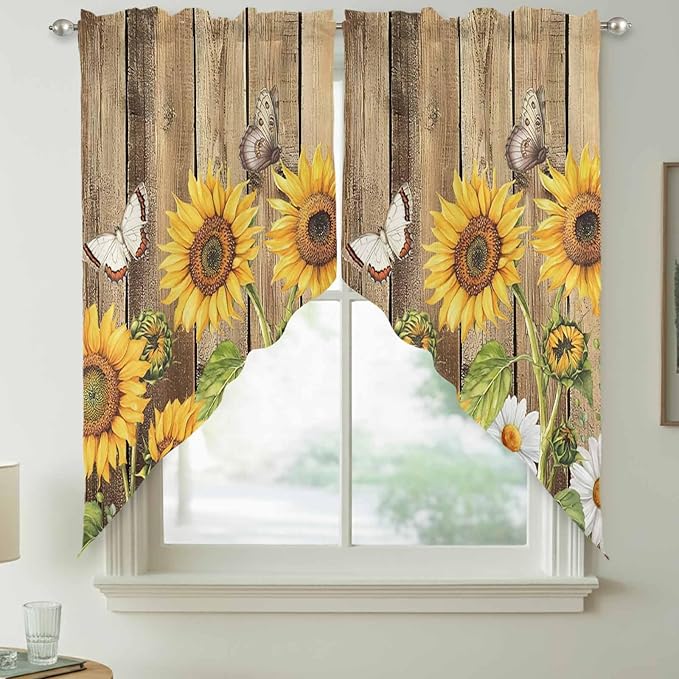 Farmhouse Sunflowers Swag Valances for Windows, Rustic Floral Buttterfly Wood Board Brown Rod Pocket Kitchen Curtains Valance, Kitchen Window Curtains Swag for Cafe Living Room, 2 Panels, 36x63 inch