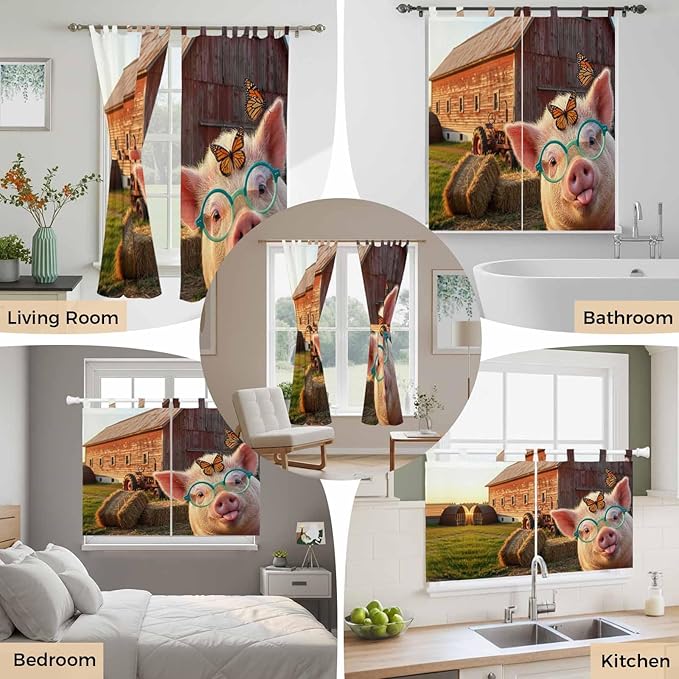 Farm Pig Kitchen Curtains 45 Inch Length, Short Cafe Window Curtains Tab Top, Farmhouse Barn Funny Animals Butterfly Light Filtering Window Treatments Tier Drapes 27.5"x45" 2 Panel