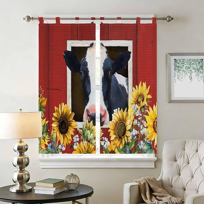 Cow Sunflowers Living Room Curtains 84 Inch Length, Window Curtains Tab Top, Botanical Floral Leaves Bees Farm Barn Light Filtering Window Treatments Drapes 42"x84" 2 Panel