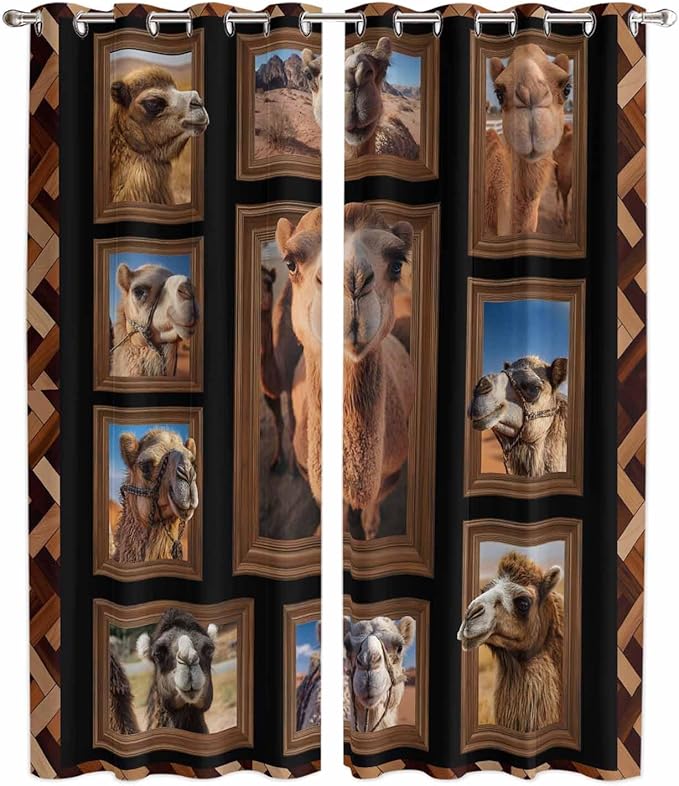 2 Panel Kitchen Cafe Curtains, Desert Camels Sunlight Filtering Nature Air Through, Home Decor Window Covering Tier Curtains for Living Room 104W x 90L inch Brown Wildlife Farmhouse Animals Rustic