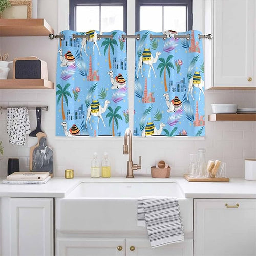 2 Panel Kitchen Cafe Curtains, Desert Landscape Sunlight Filtering Nature Air Through, Window Decor Tier Curtains for Living Room 104W x 52L inch Cute Camels Palm Trees Houses Leaves Blue