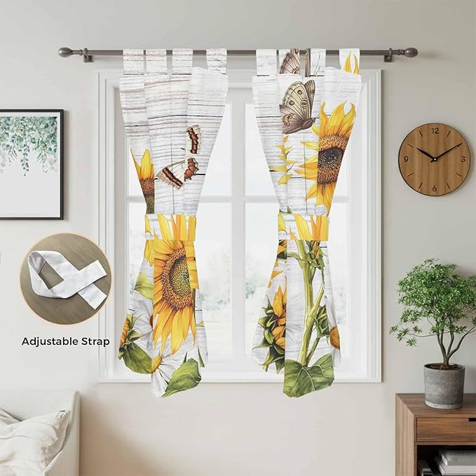 Yellow Sunflowers Bedroom Curtains 72 Inch Length, Window Curtains Tab Top, Vintage Country Flowers Butterfly Wood Board Light Filtering Window Treatments Drapes 52"x72" 2 Panel